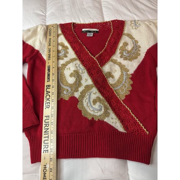 Vintage Large Dana Scott 80s Red White Gold Beaded Sweater Christmas Shiny - Picture 4 of 9
